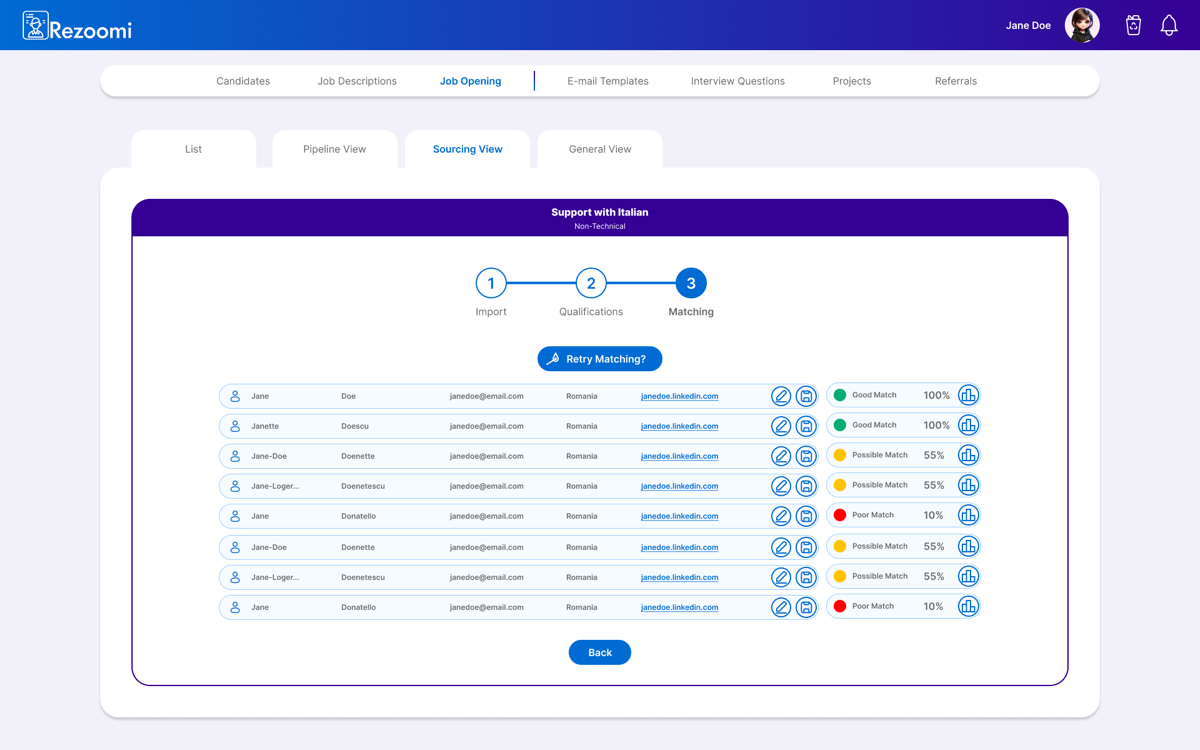 AI recruitment platform: job opening sourcing view